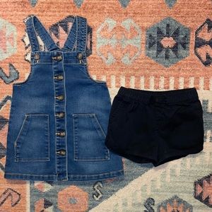 2T stretch denim dress and black shorts